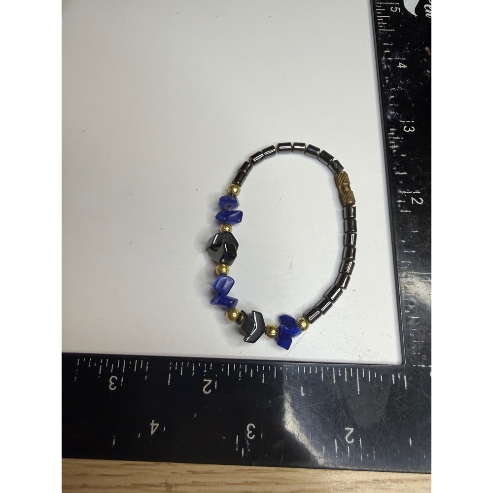 Blue Lapis Lazuli Chip Hematite Beaded Bracelet Gold Tone Accents Barrel Clasp - Picture 3 of 3